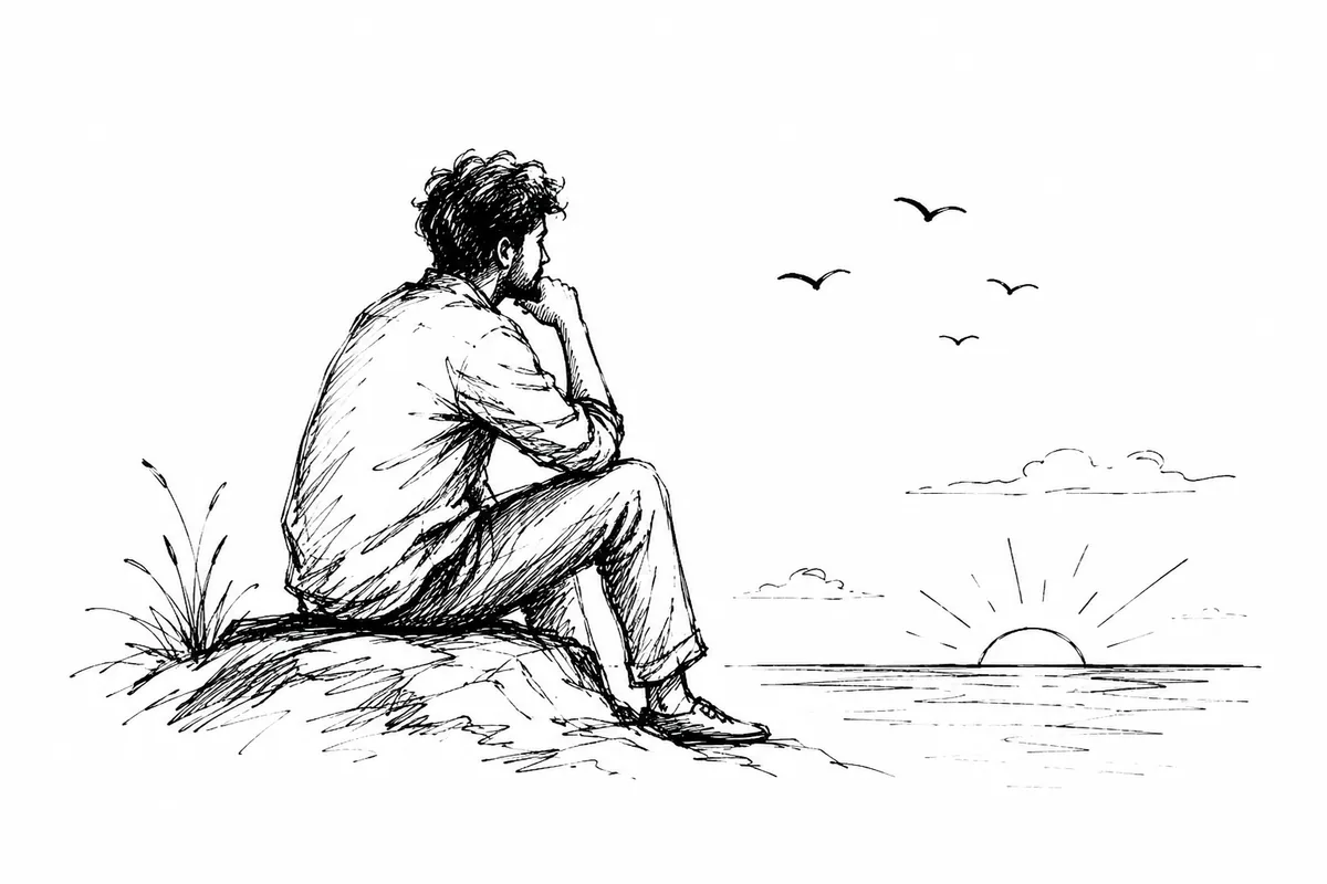 Sketch: a figure seated on a cliff watching the sunrise